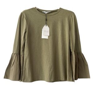 ENGLISH FACTORY cotton top, sz small,army green Long sleeves with poplin bells